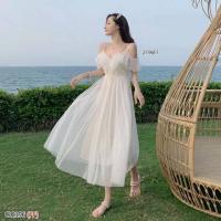 ราคา 11002 เดรสยาว สายเดี่ยว ชุดไปทะเล สีขาว ผ้าตาข่ายระบาย เสื้อผ้าแฟชั่น (16980192930)