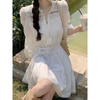 ราคา White Lace Mini Dress Women Summer Hollow Out Short Dresses Female Long Sleeve V Neck Lace Up Dress Korean Fashion Casual Dress (20704613298)