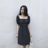 ราคา FF fashion ชุดเดรสกระโปรง คอกว้าง ชุดเดรสแขนปัดไหล่ เอวจั๊ม ชุดกระโปรงลายจุด สไตล์เกาหลี DS028 (12455304549)