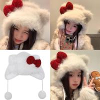 ราคา หมวกไหมพรม กันหนาว แมวคิตตี้พร้อมโบว์แดง หมวกกันหนาว ขนปอมๆ winter fur hat kiitycat hat (21233785652)