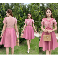 ราคา Kiss Kloset ชุดเดรสผ้าทอลาย คอปก แต่งระบายอก งานกระโปรง8ชิ้น อัดกาวทั้งชุด สวยมากๆค่า S 2XL KS544 (20934592787)