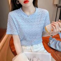 ราคา เสื้อยืดแขนสั้นของผู้หญิงเสื้อลูกไม้แขนพองลายฉลุสีม่วงแบบฝรั่งเศสดีไซน์ใหม่สำหรับฤดูร้อน (14246309385)