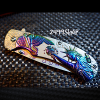 ราคา มีดพับ Browning ลายเทพีเสรีภาพ ใบมีดสีรุ้งตัดกับลายดอกใม้งดงาม ใบ 3 5 นิ้ว ด้าม Stainless Steel ระบบล็อค Liner Lock ใบทรงโค้งเหมาะแก่การใช้งาน ระบบเปิดมีดแบบสปริงเปิดง่าย มีดทำครัว ตั้งแคมป์ สวยงาม ดี