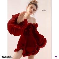 ราคา TW20243 เดรสสั้นเกาะอกแต่งระบายรอบแขนรอบรอบอก (21237492102)