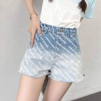 ราคา กางเกงยีนส์ผู้หญิง เอวสูง ขาตรง หลวม สีพื้น กางเกงขาสั้นผ้ายีนส์ทูโทน (17357016152)