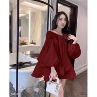 ราคา เดรสสั้นผ้าแก้วขุ่นทรงฟรีไซส์ หน้าสั้นหลังยาวเปิดไหล่ ซิปหลังแต่งโบว์หน้า แขนยาวมีซับในทั้งตัว (21273905695)