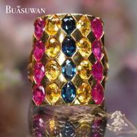 ราคา แหวน พลอยแฟนซี ตัวเรือนทองคำแท้ 18K ซึ่งประดับด้วยพลอยทับทิม บุษราคัม และไพลิน แหวนทรงยาว รับไปนิ้วที่เรียว การันตีพร้อมใบรับประกัน (21143218762)