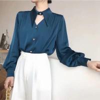 ราคา ชานมแอปริคอทเสื้อเชิ้ตผ้าซาตินคุณภาพสูงคอวีเรียบหรูสำหรับผู้หญิงเสื้อสไตล์ฮ่องกง (20965304645)