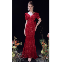 ราคา Glary Star เดรสกระโปรงยาวโฮสต์งานหมั้นขนมปังบางเลื่อมสีไวน์แดงชุดราตรีหางปลามาใหม่ (17193187467)