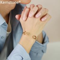 ราคา Kemstone กำไลข้อมือผู้ชายแบบเปิดชุบทองเงินสแตนเลสสีดำสร้อยข้อมือกำไลข้อมือ (19158065301)