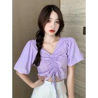 ราคา ป้ายเกาหลี เสื้อคอวีฉลุลายแขนบอลลูนรูดหน้า (10542435651)