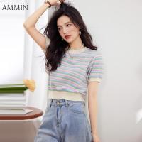 ราคา AMMIN เสื้อยืดตาข่ายยืดหยุ่นปะต่อลายแถบสีแฟชั่นสำหรับผู้หญิงเสื้อครอปแบบสั้นใหม่เสื้อเบลาส์ลำลองดีไซน์เอวลอยสไตล์เกาหลีเรียบง่ายเสื้อยืดคอกลมฤดูร้อน (18093261589)