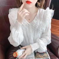 ราคา COD DSFRDTERRR เสื้อเชิ้ตแขนยาว ผ้าชีฟอง คอตุ๊กตา แต่งลูกไม้ สีขาว สําหรับผู้หญิง (20045462334)