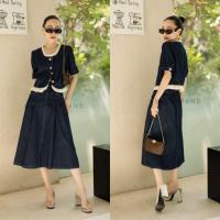 ราคา เซตยีนส์ 2 ชิ้น เสื้อครอปแต่งระบาย กระโปรงยาว VSHOP (18469139434)