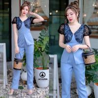 ราคา TW17573 Set 2 ชิ้น เสื้อแขนพองแต่งลูกไม้ กางเกงขายาว (15128936685)