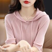 ราคา เสื้อยืดฮู้ดแขนสั้นเสื้อถักไหมพรมน้ำแข็งสำหรับผู้หญิงแขนสามส่วนแบบสวมสีทึบเสื้อสเวตเตอร์แบบหลวมใส่สบายหลากหลายใหม่2023 (19801200837)