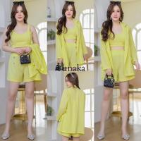 ราคา งานเซท 3 ชิ้น เสื้อคอปสายเดี่ยว กางเกงขาสั้นเอวสูง แต่งกระดุม พร้อมด้วยเสื้อสูทแขนยาว ชุดเซ็ต Yunaka (15246871993)