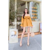 ราคา เซท 2 ชิ้น งานป้าย NUY shop เซทเสื้อแขนยาวทรงเปิดไหล่ ผูกคอ กางเกงขาสั้น งานผ้าลูกไม้ฉลุ งานฟรีไซร์ ทรง (20631929158)