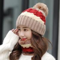 ราคา หมวก ปลอกคอไหมพรมตกแต่งปอมปอม 3โทน บุขนอุ่นด้านใน (9910441453)