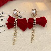 ราคา French Red Velvet Tassel Bow Earrings for Women High end Design New Rhinestone Pearls Hook Earrings (20662731524)