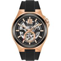 ราคา Bulova Mens Classic Maquina Automatic Open Aperture Watch Rose Gold Rubber Strap Maquina (18996171228)