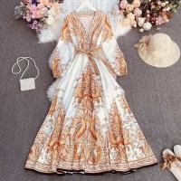 ราคา Fitaylor 2021 Spring Women New V Neck Long Sleeve Print Chiffon Lace up A line Dress Casual Waist Slim Vacation Beach Dress (16494541639)