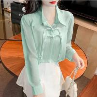 ราคา พลัสขนาดเสื้อผู้หญิงแขนยาวเสื้อชีฟองแฟชั่นใหม่ย้อนยุคหลวมด้านบนบาง (16812858870)