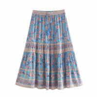 ราคา Vintage chic women Hippie beach Bohemian floral print rayon cotton skirt High Waist tassel Midi A Line Boho Skirts Femme (13315956183)