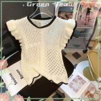 ราคา เสื้อเสื้อยืดถักลายฉลุแขนคอกลมหวานสำหรับผู้หญิงสีเขียวน้ำทะเลฤดูร้อน (20518153124)