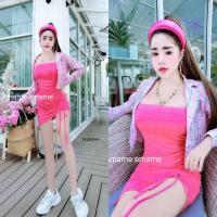 ราคา TW15255 set เสื้อคลุมลายสก็อตทรงครอป เดรสเกาะอกรูดกระโปรง set Plaid crop top halter neck dress (7245264176)