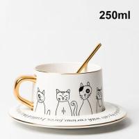 ราคา Eworld การ์ตูนพอร์ซเลนแมวถ้วยกาแฟพร้อมจานรองช้อนทองตกแต่งบ้านที่ทันสมัยสีขาวสีดำถ้วยชาเซรามิกและถาด (16246659743)