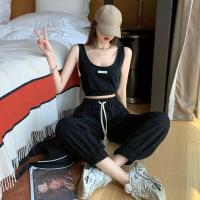 ราคา เสื้อแขนกุด กางเกงขาวขาจั๊ม เสื้อกล้ามเอวลอยครอป กางเกงขายาว ชุดเซ็ทเเฟชั่นสีพื้นๆ (18902192419)