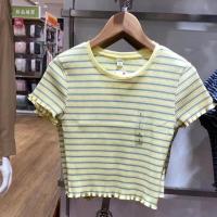 ราคา UNIQLO เสื้อยืดแขนสั้นสำหรับผู้หญิงขอบเห็ดลายทางคอตตอนเอวสูง Y458265 458291 (19700450119)