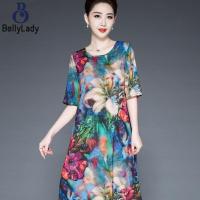 ราคา Women Dress A Line Round Neck Pullover Dress Printing Short Sleeves Plus Size Midi Skirt fast (16243810939)