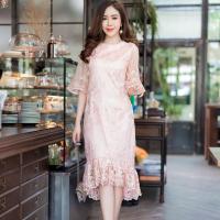 ราคา เดรสไปงาน เดรสออกงาน เดรสแขนกระดิ่งผ้าลูกไม้ทอเลื่อมทองหรูหรากระโปรงระบายจับจีบ สั้นหน้ายาวหลัง มี Size S 3XL (10906797361)