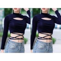 ราคา เสื้อครอปแขนยาวผูกเอว เว้าอก เนื้อผ้าเรย่อน ยืดตามตัว พร้อมส่ง AN49 (14422724355)