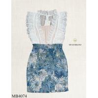 ราคา S XL เดรสสั้นแขนระบายลูกไม้ ตัดต่อกระโปรงผ้าทอลายดอกสวย MB4074 ICANDIDSHOP (15057597139)