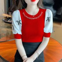 ราคา เสื้อยืดแขนพองมีแขนเสื้อสั้นถักผูกโบว์สำหรับผู้หญิงเสื้อเอวลอยแขนพองทันสมัยและทันสมัย (19978510927)