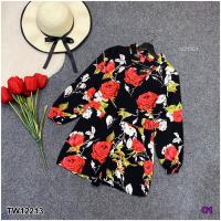 ราคา TW12213 จั๊มสูทขาสั้น แขนยาว พิมพ์ลายดอกกุหลาบ (1753016365)