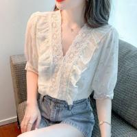 ราคา แฟชั่นเสื้อชีฟองแขนสั้นสำหรับผู้หญิง 2024 ใหม่คอวีนัวเนียออกแบบเสื้อชีฟองลายดอกไม้แขนสั้นเสื้ออารมณ์ (21288438396)