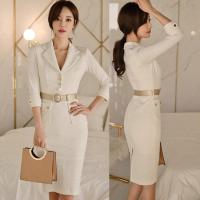 ราคา Impression Fashion Women Elegant Korean Plain V Neck 3 4 Sleeve Bodycon High Waist Midi Dress (16541263807)