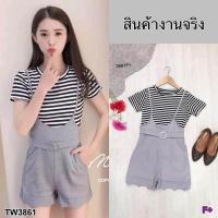 ราคา TW3861 Set 2 ชิ้น เสื้อแขนสั้นลายริ้ว เอี้ยมกางเกงขาสั้น ลายขาหยัก (635294877)