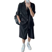 ราคา SRH714ฤดูร้อนเบาๆ Mature เกาหลีเสื้อสไตล์แขนสั้น Pu Shuai สบายๆชุดสูทชั้นนอก S เกรดดีเยี่ยมกางเกงขาสั้นสีเทา (9244239142)