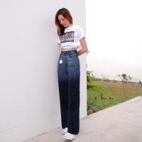 ราคา กางเกงยีนส์เอวสูงขากระบอก ทูโทน (16239810929)