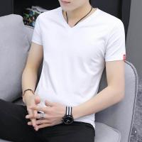 ราคา เสื้อยืดแขนสั้นผู้ชายคอวีผ้าฝ้ายฤดูร้อนเสื้อผ้าผู้ชายแขนสามส่วนผ้าวิสคอสเข้ารูปสีชมพู (14107651292)