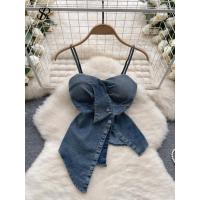 ราคา Hot sell SINGREINY Retro Denim Irregular Camis Women Strapless Button Design Short Tops Zipper Elastic Streetwear Sleeveless Camisole (20507321909)