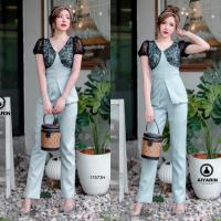 ราคา TW17573 Set 2 ชิ้น เสื้อแขนพองแต่งลูกไม้ กางเกงขายาว (15128936687)