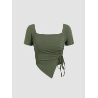 ราคา Cider KPOP Solid Asymmetrical Hem Drawstring Short Sleeve Tee เสื้อครอปแขนสั้นผู้หญิง เสื้อแฟชั่นผู้หญิง ลุคสตรีท (19387860822)
