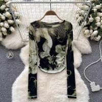 ราคา เสื้อยืดคอกลมตาข่ายมัดย้อมสำหรับผู้หญิงเสื้อมัดย้อมเข้ารูปพอดีแขนสไตล์เกาหลียาวใหม่สำหรับฤดูใบไม้ผลิ ฤดูร้อน (19996785391)