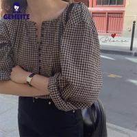 ราคา GEMEITE Fast Delivery Women Shirt Crew neck Retro Style Plaid Pattern Long sleeved Button Pullover (20914187191)